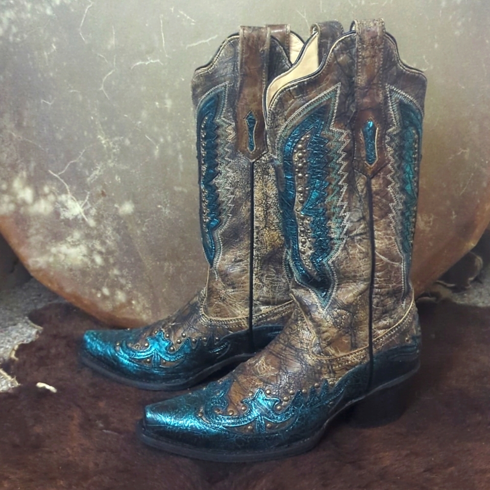 CORRAL R1232 distressed brown & turquoise studded Thunderbird cowgirl boots 6.5